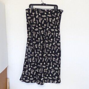 1990s Vintage bias cut black beige tan floral leaf rayon maxi skirt size 16
